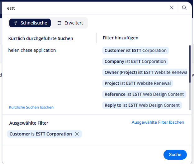 In der Registerkarte Schnellsuche können Sie die letzten Suchen anzeigen und Filter hinzufügen und entfernen. In der Registerkarte Schnellsuche können Sie die letzten Suchen anzeigen und Filter hinzufügen und entfernen.