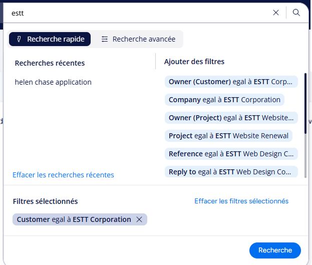 Dans l’onglet Recherche rapide, vous pouvez voir les recherches récentes et ajouter et supprimer des filtres. Dans l’onglet Recherche rapide, vous pouvez voir les recherches récentes et ajouter et supprimer des filtres.